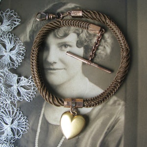 Antique Pocket Watch Chain, Victorian Morning Hair Jewelry, Braided Hair Pocket Watch Chain, Victorian Heart Locket, Locket Watch Fob, GF