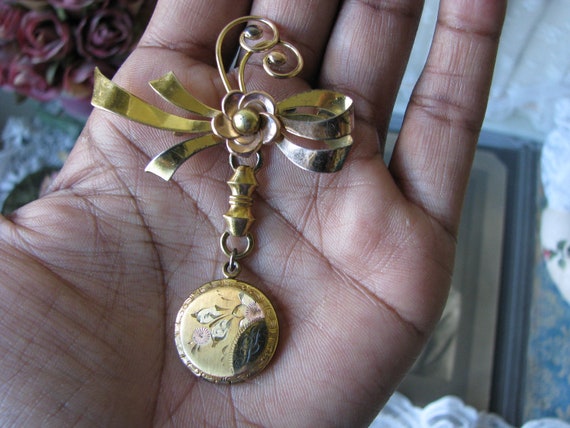 Antique Gold Filled Locket, Gold Filled Brooch, L… - image 2