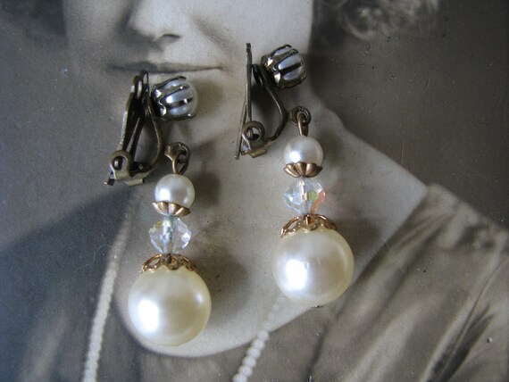 Wedding Earrings, Pearl Rhinestone Earrings, Vint… - image 3