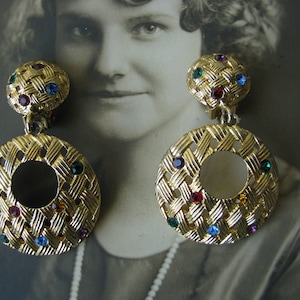 1980&#39;s Rhinestone Hoop Dangle Earrings, Vintage Rhinestone Earrings, Colored Rhinestone Earrings, Haute Couture Earrings