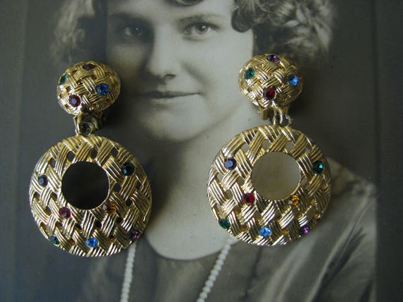1980's Rhinestone Hoop Dangle Earrings, Vintage R… - image 1