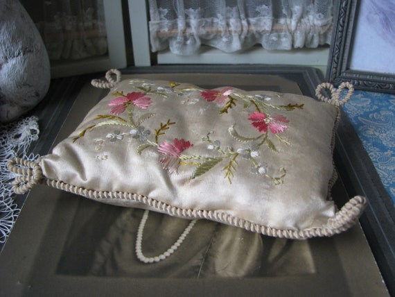 Antique Embroidered Silk Jewelry Display Pillow, Victorian Decor