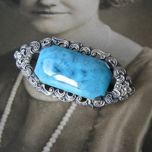 Art Deco Filigree Brooch, Faux Turquoise Brooch, Blue Glass Brooch, Glass Turquoise Brooch, Wedding Brooch, Bridal brooch, Something Old