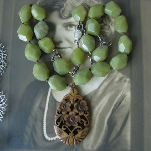 Olive Jade Carved Bone Sterling Silver Necklace, Hand Knotted Jade Necklace, Carved Bone Jade Necklace