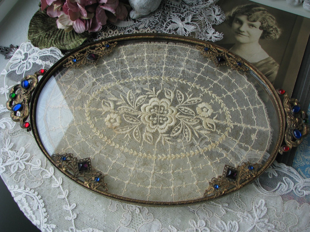 Antique Vanity Tray, Jeweled Vanity Tray, Lace Vanity Tray, Filigree
