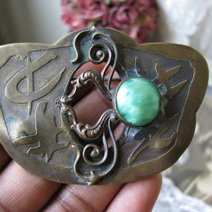 Antique Max Neiger Brooch, Chinese Bronze Brooch, Czech Glass Brooch, Faux Jade Brooch, Art Nouveau Brooch
