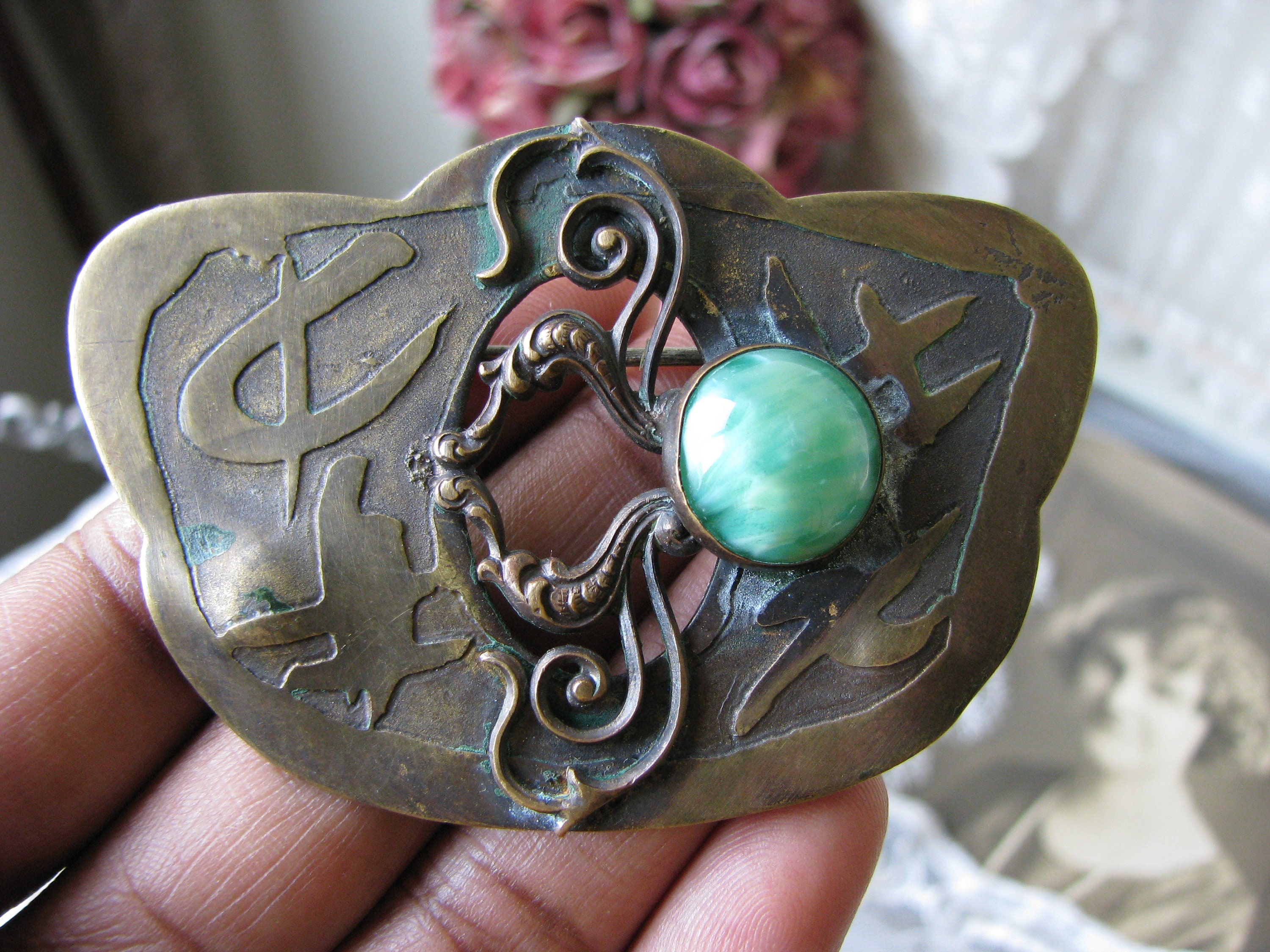 Antique Max Neiger Bronze Brooch, Chinese Art Nouveau Czech Glass