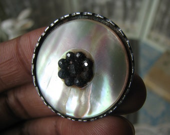 Antique Carved Mother of Pearl Button, Cut Steel Studded, Victorian