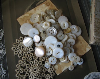 100 Antique Mother of Pearl Buttons, 100 Antique Shell Buttons, Antique Pearl Buttons, Antique Sewing Buttons