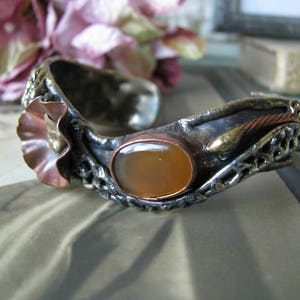 Vintage Cuff Bracelet, Mixed Metals Bracelet, Agate Cuff Bracelet, Altered Art Cuff Bracelet, Polished Agate Bracelet, 1990's Jewelry