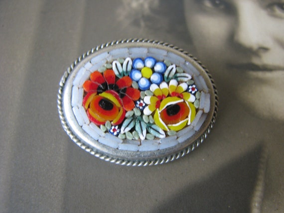 Antique Micro Mosaic Brooch, Italian Glass Tile B… - image 2