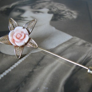 Vintage Stick Pin, Coral Rose Stick Pin, Flower Stick Pin, Pink Coral Stick Pin, Filigree Stick Pin.