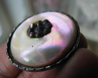 Antique Victorian Carved Mother of Pearl Button, Cut Steel Studded
