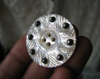Antique Victorian Carved Mother of Pearl Button, Cut Steel Studded