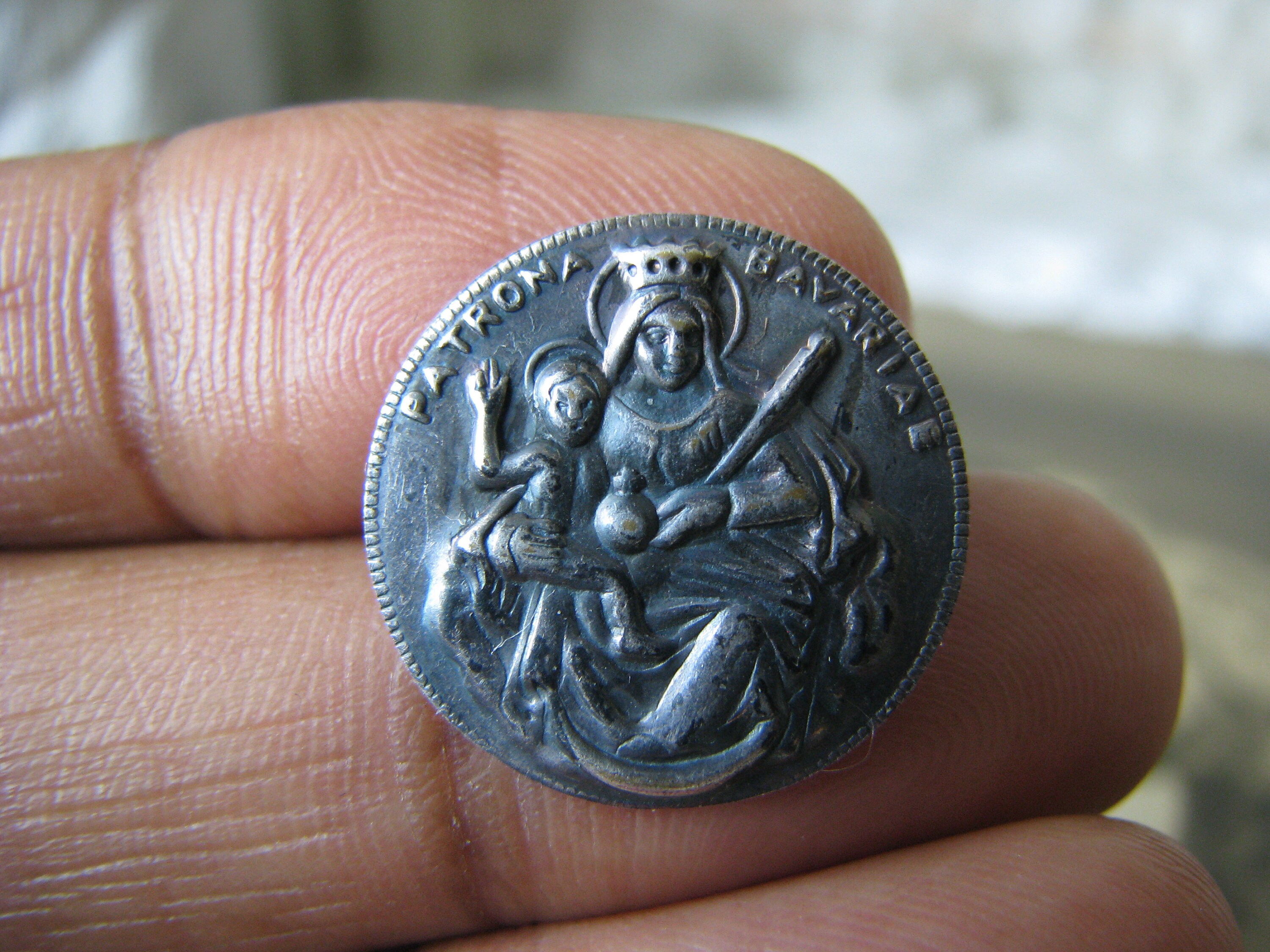 Antique Silver Button, Patrona Bavariae Button, Patroness of Bavaria, Antique German Button, Antique Sewing Notions, Antique Picture Button