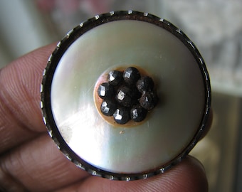 Antique Carved Mother of Pearl Button, Cut Steel, Victorian