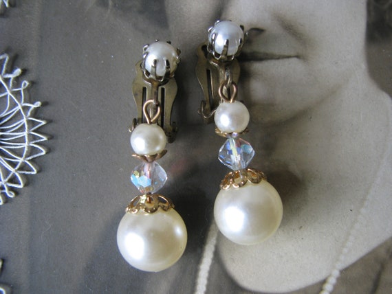 Wedding Earrings, Pearl Rhinestone Earrings, Vint… - image 2