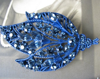 Broche Argentée Art Déco Strass Bleu Rectangle - Style Vintage QD11