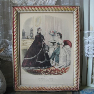 Grabado de damas francesas antiguas, Cuadro victoriano antiguo, Grabado enmarcado antiguo, Cuadro de damas victorianas, Grabado de arte antiguo