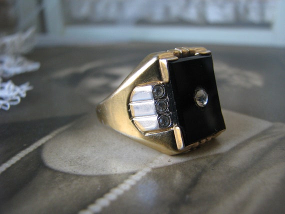 Mens Onyx Ring, Vintage Onyx Ring, Gold Plated On… - image 7