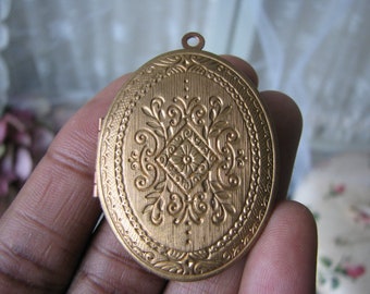 Victorian Style Brass Locket, Large Ornate Oval, Vintage