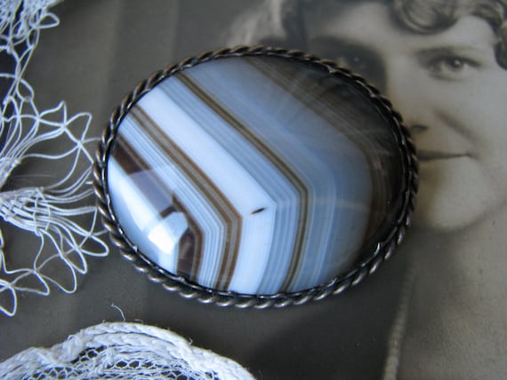 Antique Agate Brooch, Victorian Agate Brooch, Ban… - image 1