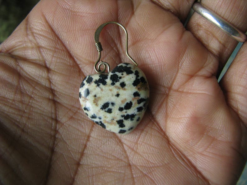 Vintage Heart Shaped Spotted Jasper Stone Drop Earrings Jasper Stone Heart Earrings Spotted Jasper Earrings