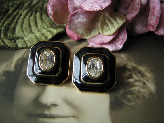 Vintage Gold Plated Crystal Black Enamel Earrings… - image 4