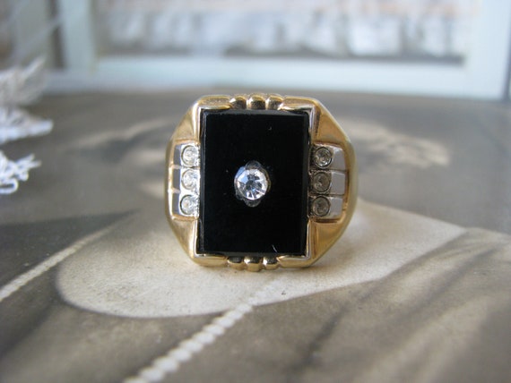 Mens Onyx Ring, Vintage Onyx Ring, Gold Plated On… - image 1