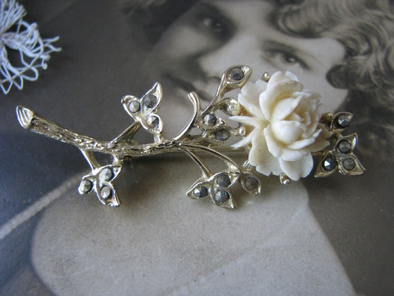 Vintage Celluloid Rose Brooch, Vintage Marcasite … - image 4