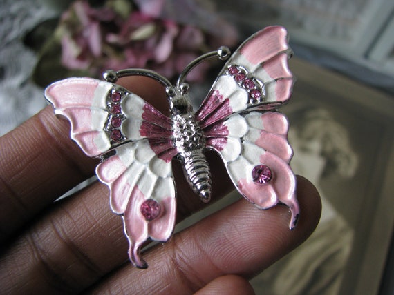Vintage Butterfly Brooch, Rhinestone Butterfly Br… - image 5