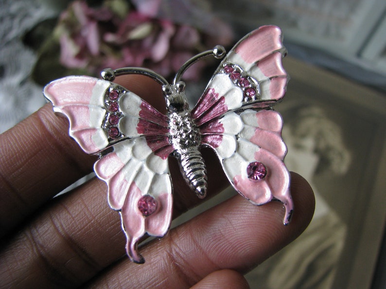 Vintage Butterfly Brooch, Rhinestone Butterfly Brooch, Enamel Butterfly Brooch, Pink Butterfly Brooch, Vintage Butterfly Pin image 5