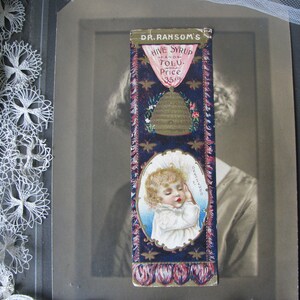 Antieke bladwijzer, antiek papier boek mark, Victoriaanse boek mark, antieke litho bladwijzer, hive siroop en tolu, dr. ransom's