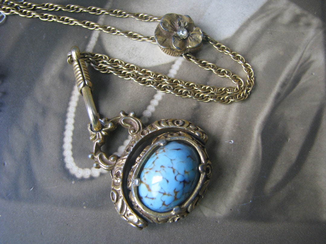 Vintage Goldette Necklace, Goldette Pocket Watch Fob Chain Necklace, Glass Turquoise Necklace