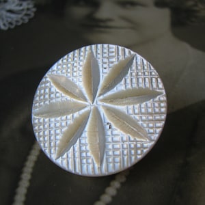 Puede incluir: Un botón blanco redondo con un diseño geométrico en relieve. El botón tiene un patrón de cuadrícula con un diseño en forma de estrella en el centro.