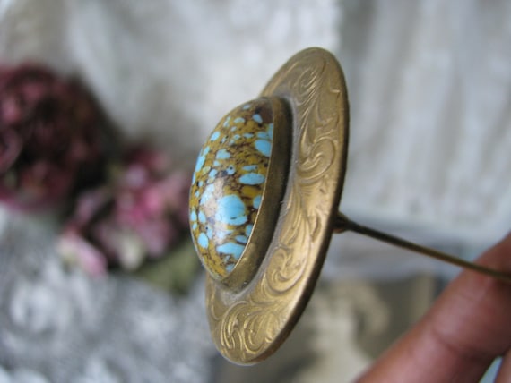 Antique Hat Pin, Victorian Hat Pin, Faux Turquois… - image 2