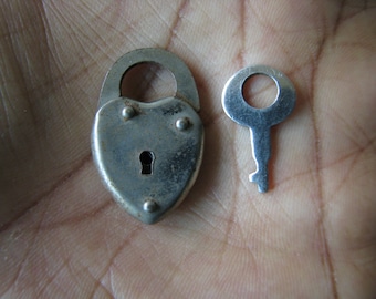 Vintage 1940&#39;s Miniature Steel Heart Padlock & Key, Vintage Mini Padlock and Key, Steampunk Padlock and Key, Padlock Pendant, Key Pendant