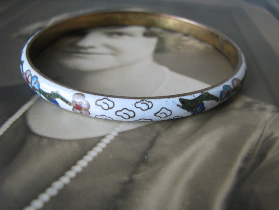 Vintage White Cloisonne Bracelet, Cloisonne Bangl… - image 4