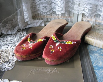 Antique Beaded Shoes, Antique Velvet Shoes, Antique Child's Shoes, Antique Wooden Shoes, Beaded Velvet Shoes, Antique Slippers