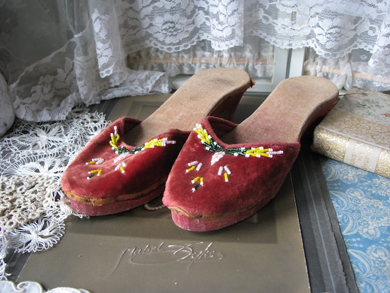 Antique Beaded Velvet Slippers, Handmade Wooden Shoes - Etsy display picture 3