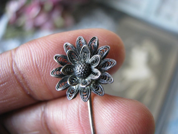 Antique Silver Stick Pin, Antique Filigree Stick … - image 2