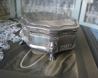 Vintage Silver Plate Trinket Box, Lion Head Feet, Monogrammed