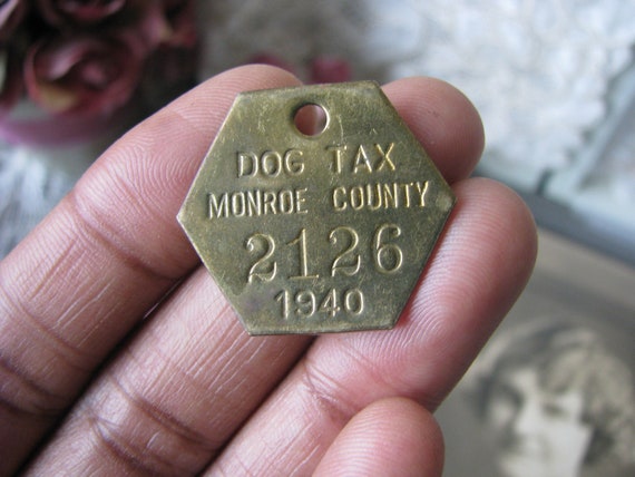 Étiquette de licence de chien antique, étiquette en laiton estampillée,  étiquette de collier pour chien, plaque didentité numérotée, plaque  didentité hexagonale, étiquette steampunk, fournitures de bijoux, Monroe  Cnty -  France