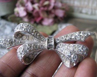 Vintage Art Deco Paste Bow Brooch, 1930s Pot Metal Pin