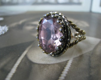 Art Deco Purple Paste Ring, Ornate Brass Solitaire, 1940s Vintage