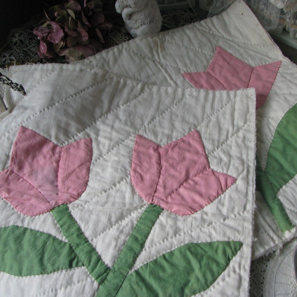 Vintage Quilt Square, Applique Quilt Square, Old Quilt Piece, Quilted Pillow Front, Hand Pieced, Hand Sewn, Pink Tulips