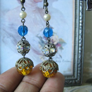 Vintage Bead Earrings, Rhinestone Bead Earrings, Assemblage Earrings, Handmade Earrings, Upcyled Earring, Recycled Jewelry, Drop Earrings
