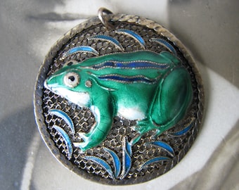 Antique Chinese Export Silver Cloisonne Frog Pendant, Cloisonne Frog Pendant, Chinese Export Frog, Chinese Export Jewelry, Sterling Silver