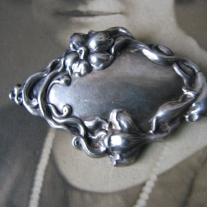 Antique Art Nouveau Brooch, Antique Silver Plate Brooch, Art Nouveau Floral Brooch, Monogram Brooch, Wedding Brooch, Bridal Brooch