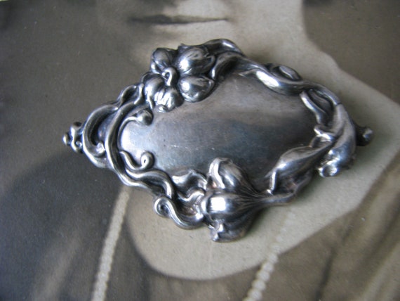Antique Art Nouveau Silver Plate Floral Brooch, Monogrammable